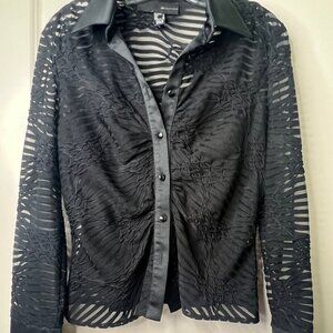 JS Boutique Black Stretch Lace Sheer Button Front Blouse Size 10